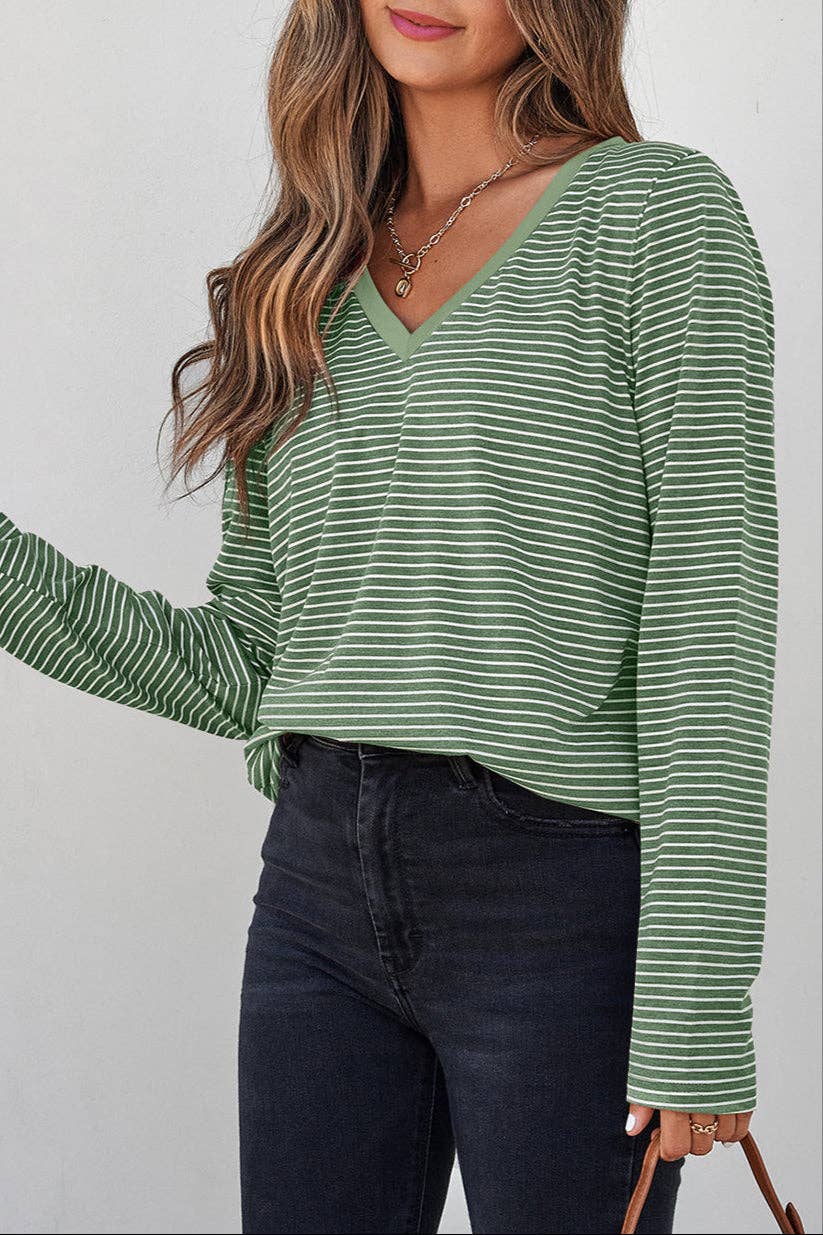Stripe V-Neck Long Sleeve Top- Green
