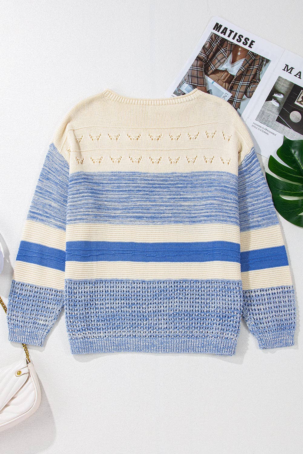 Light Blue 3/4 Sleeve Striped Sweater