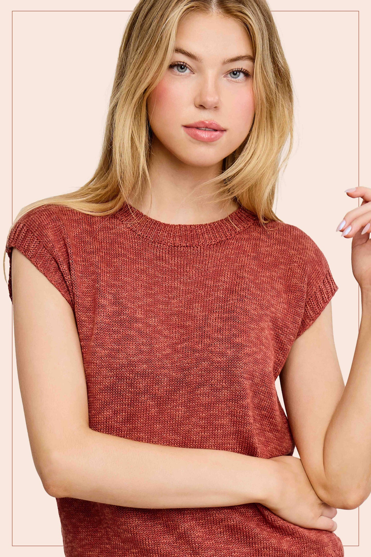 Loose Fit Sleeveless Ribbed Knit Crew Neck Top- clay