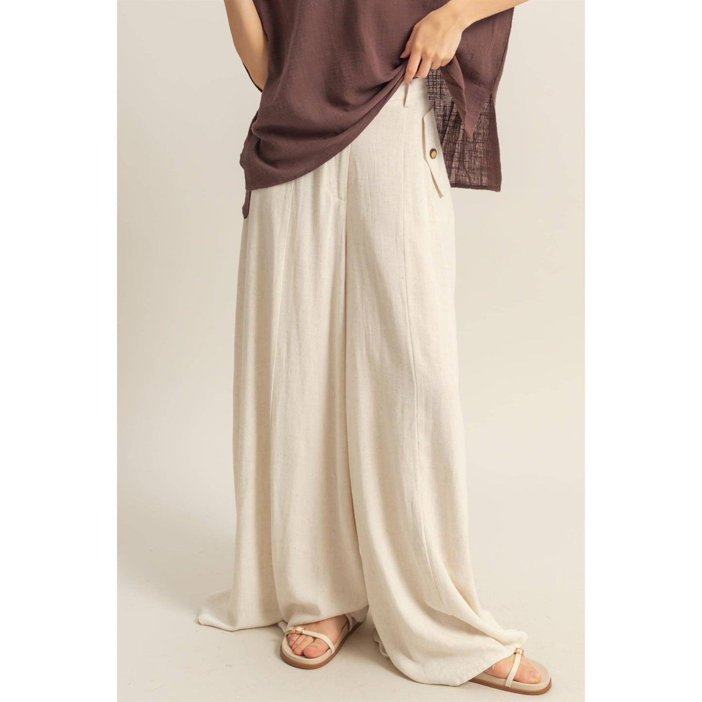 Linen Blended High Waist Wideleg Pants