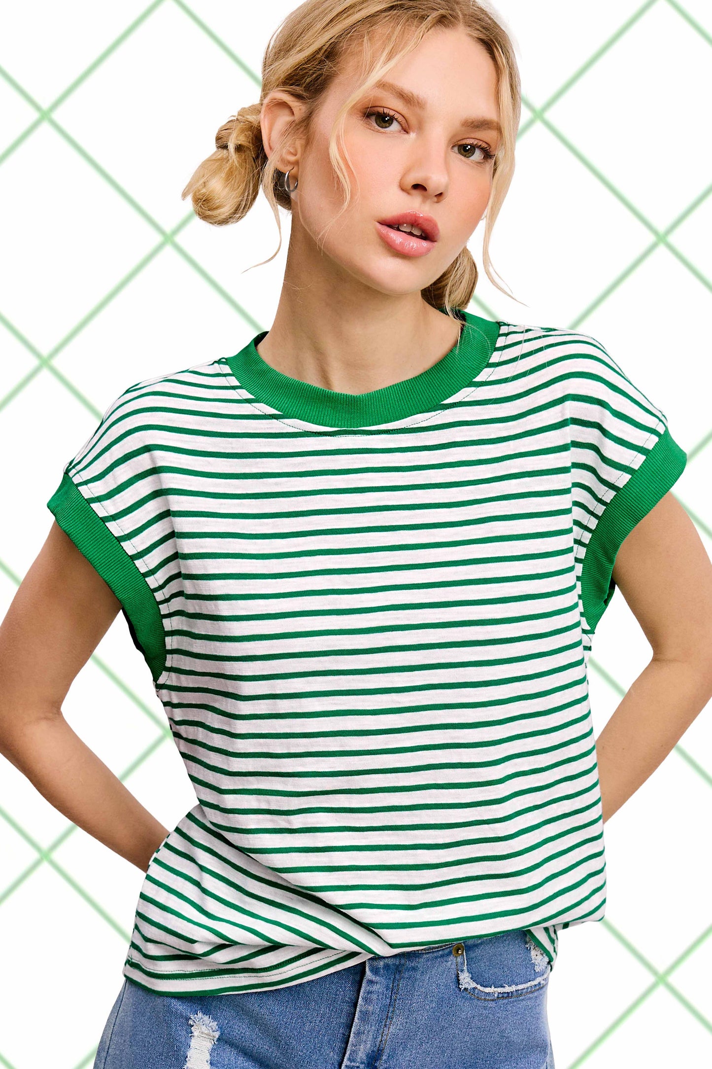 Cap Sleeve Striped Top: KellyGreen