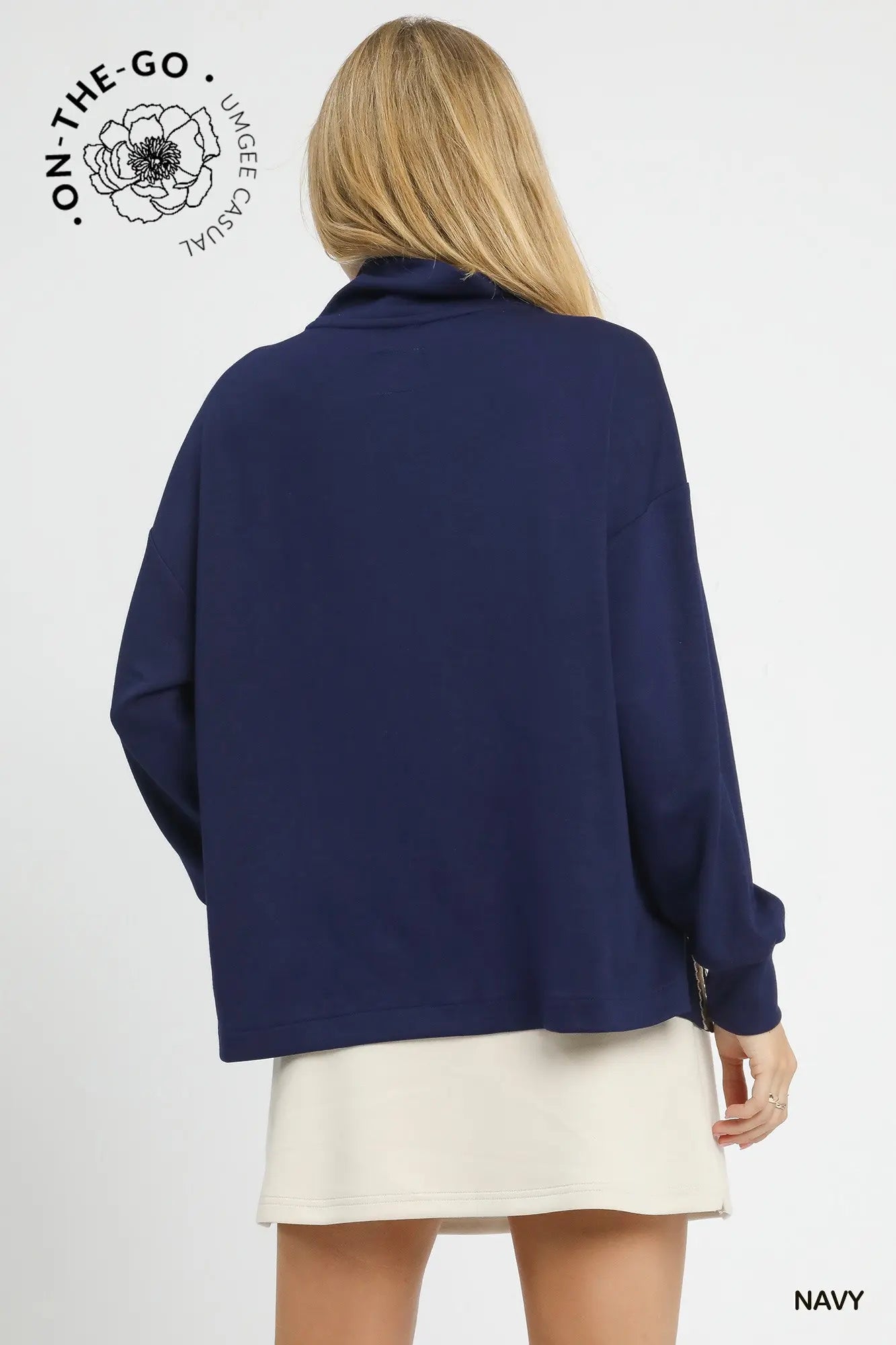 On the Go Luxe Knit Mock Neck Top- Navy