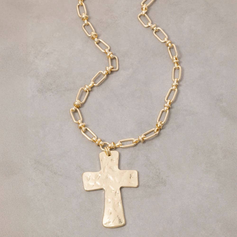 Hammered Cross Pendant Necklace: GOLD