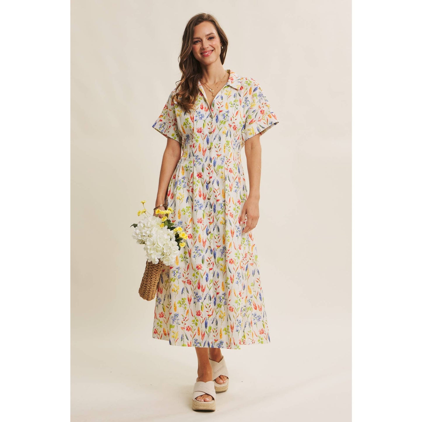Romantic Floral Pleated Waist Button-Down Midi Dress