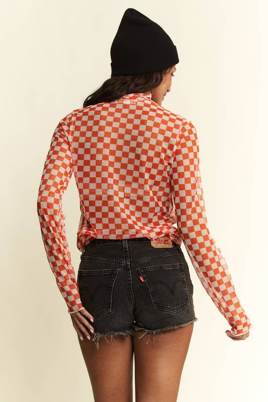 Checkerboard Mesh Top- Orange and White