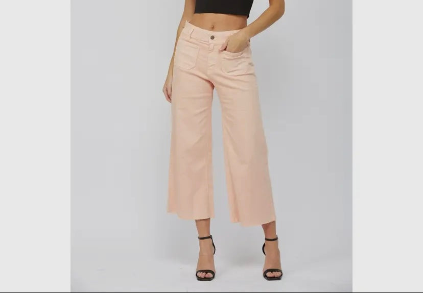Cropped Wide Leg Denim with Frayed Hem- Peach