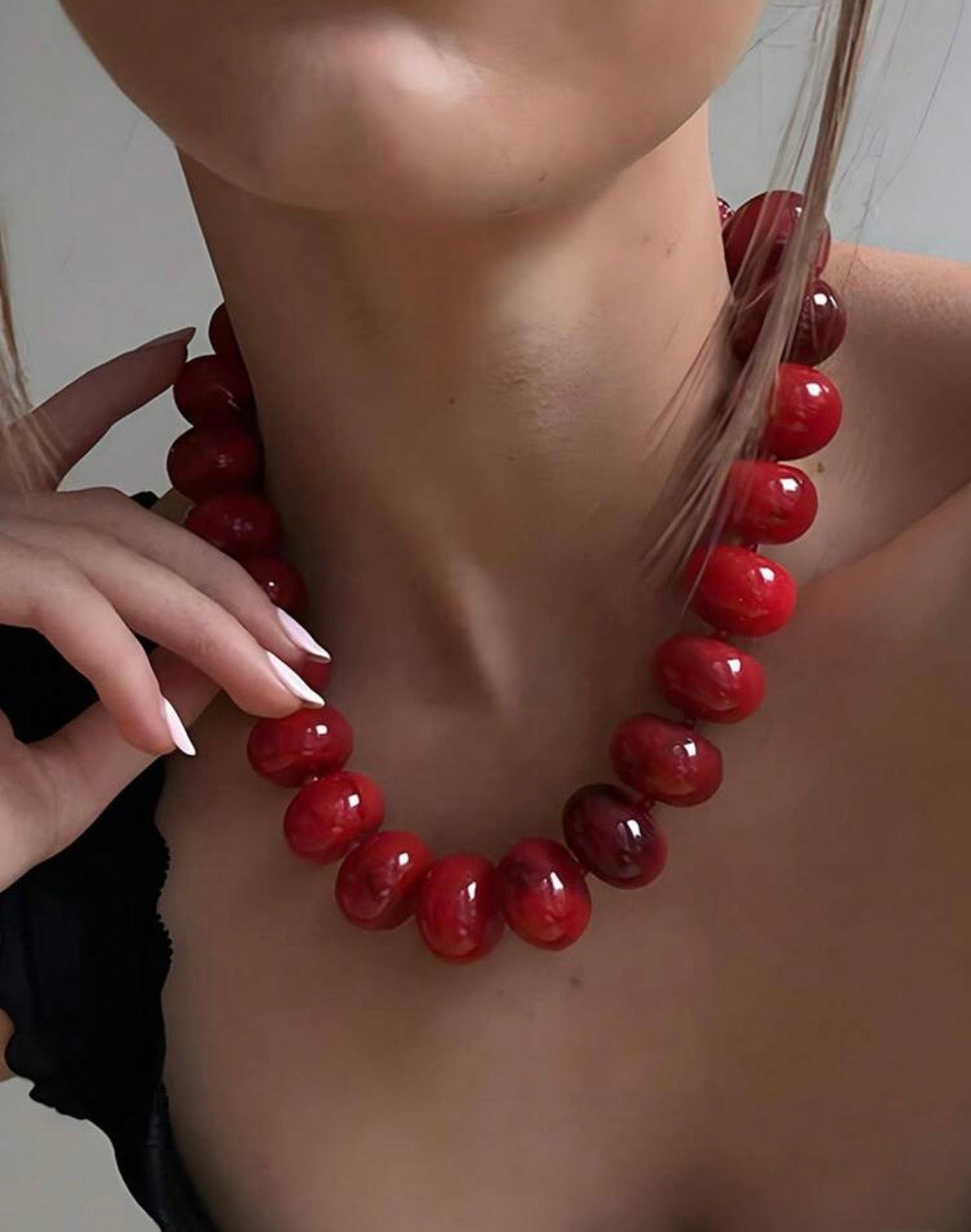 Chunky Red Marble Beaded Necklace