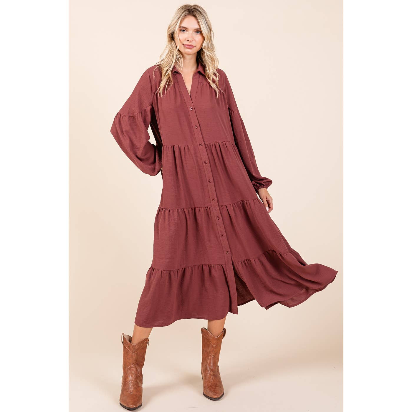 Airflow Button Down Long Sleeve Tiered Dress- Sienna
