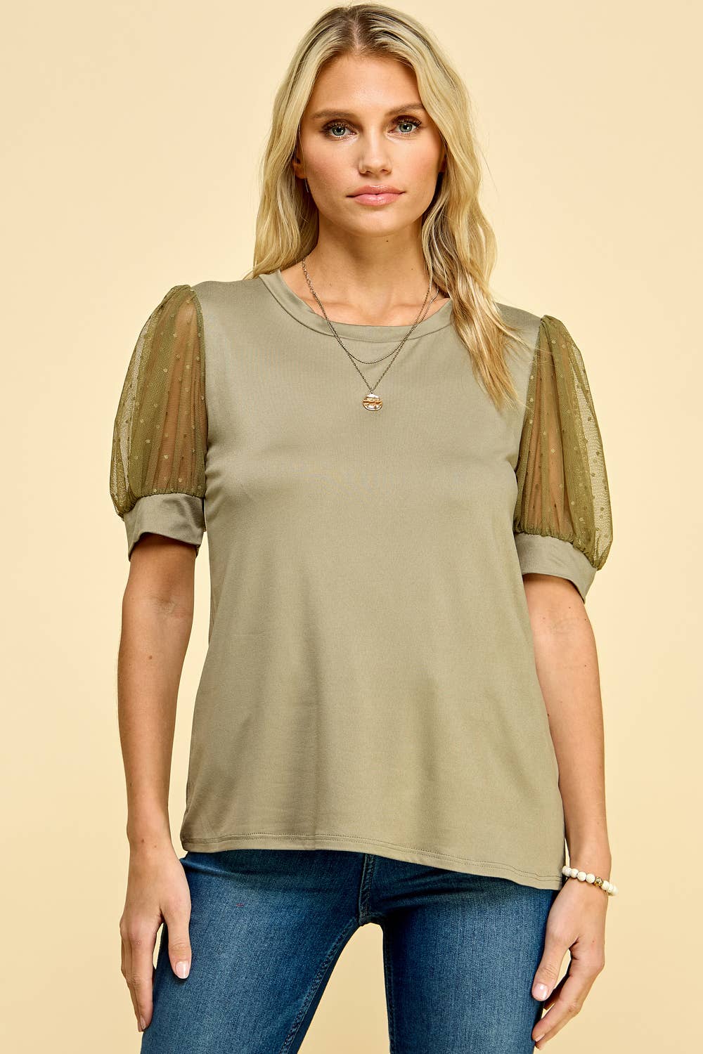 Olive Mesh Sleeve Puff Top