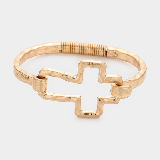Hammered Open Metal Cross Hook Bracelet: Worn Gold