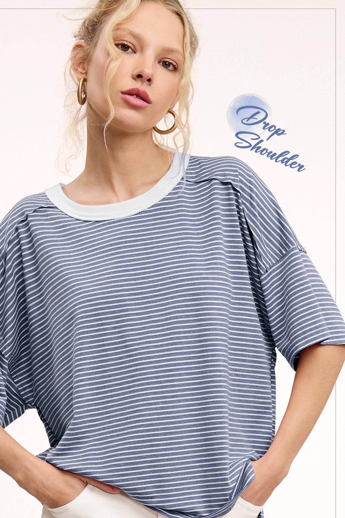 Basic Striped Drop Shoulder Short Sleeves Top: Denim Blue