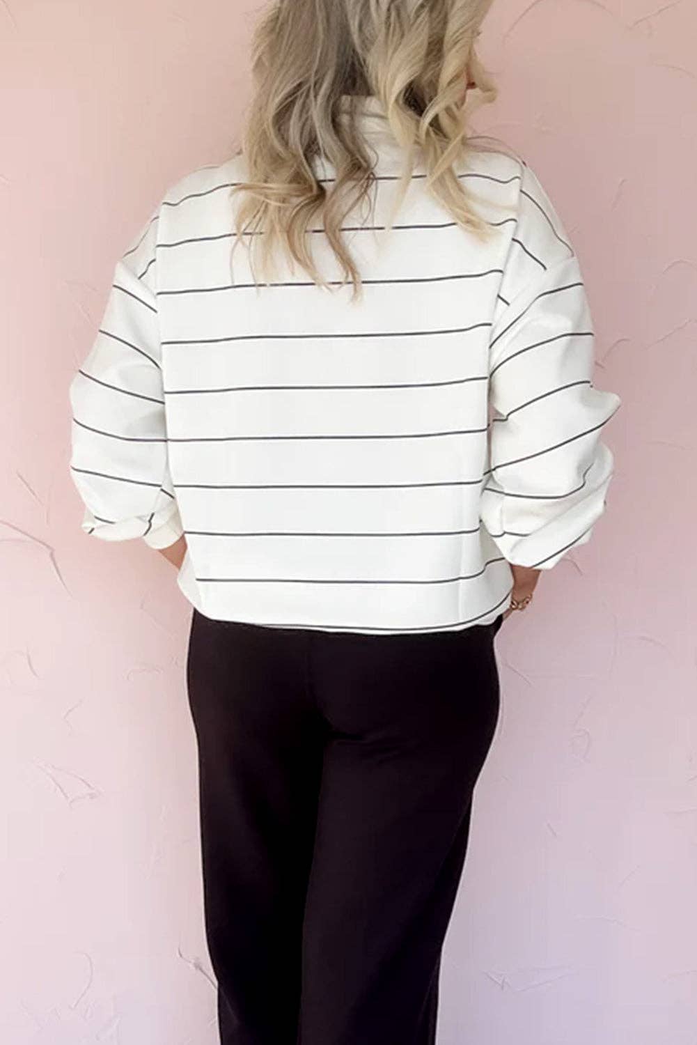 White Zip V Neck Striped Drop Shoulder Long Sleeve Top