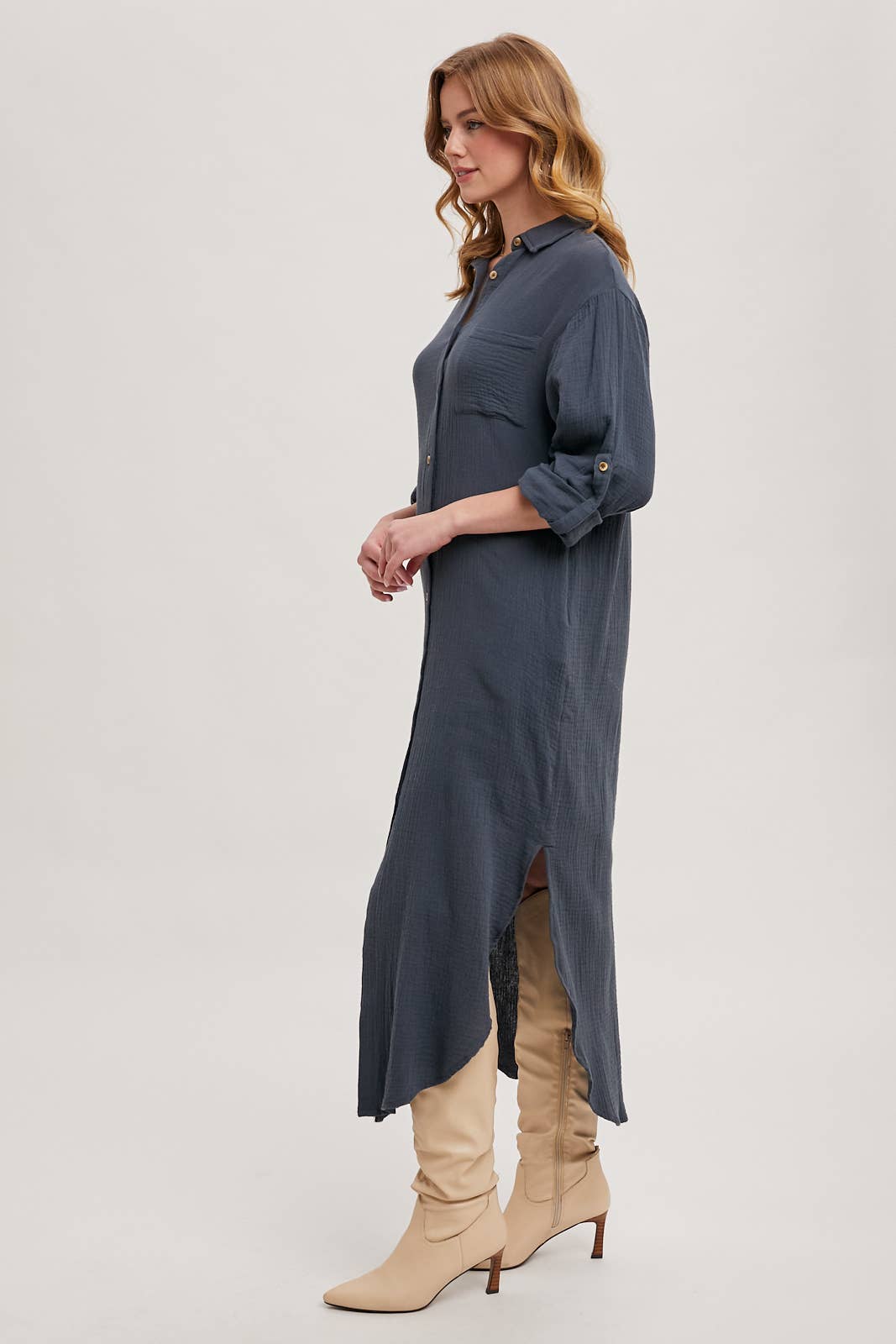 Textured Button-Up Maxi Dress | Collared Woven Dress with Pockets