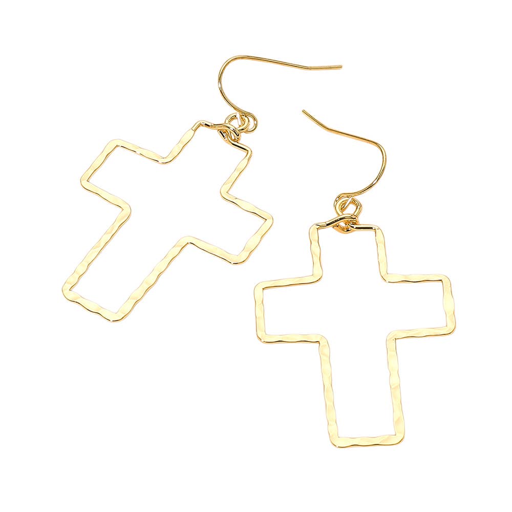 18K Gold Dipped Brass Metal Hammerd Open Cross Dangle Earrings