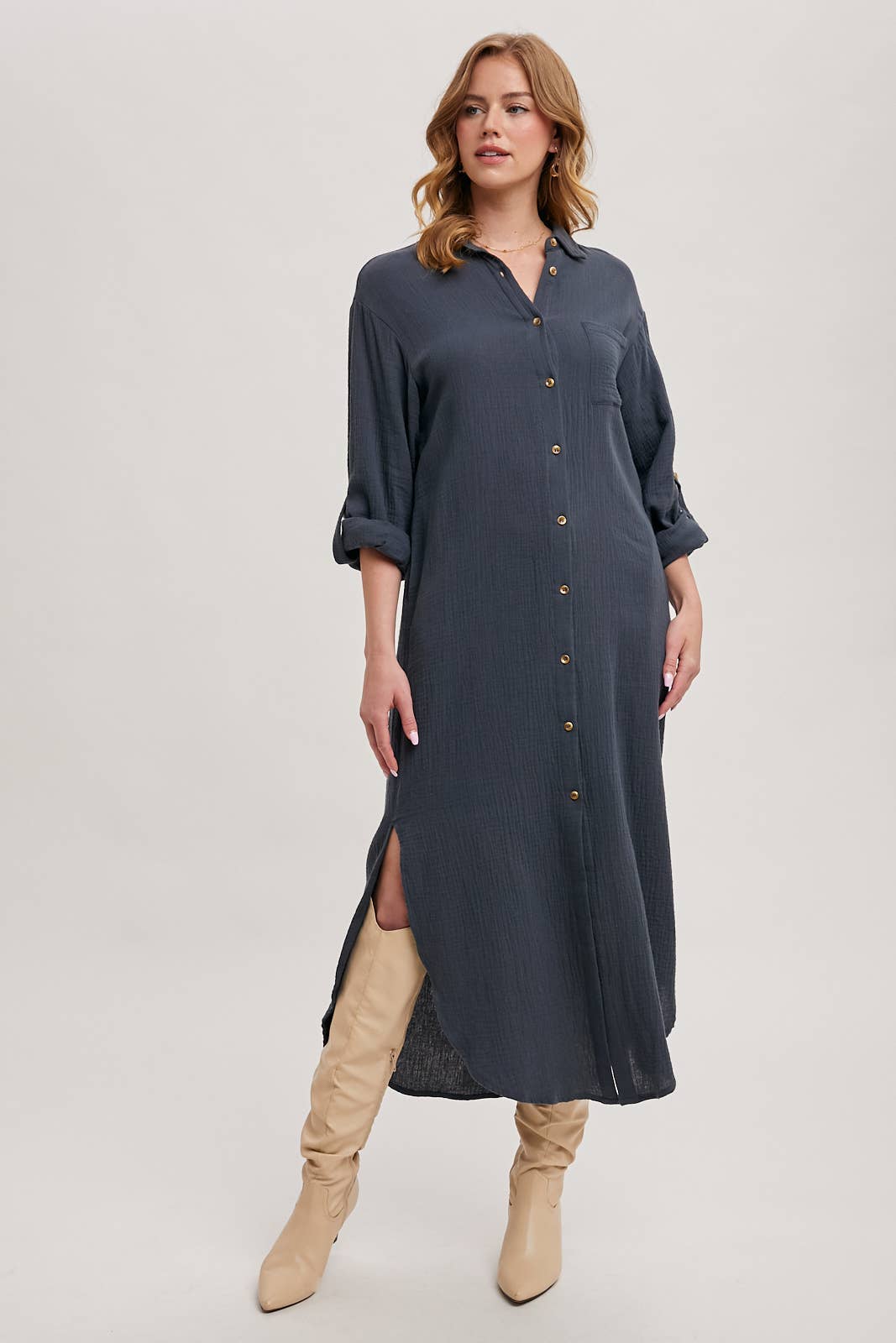 Textured Button-Up Maxi Dress | Collared Woven Dress with Pockets