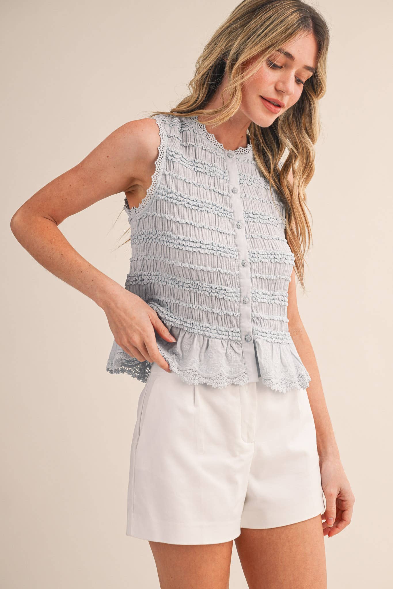 Soft Blue Smocked Lace Trim Top