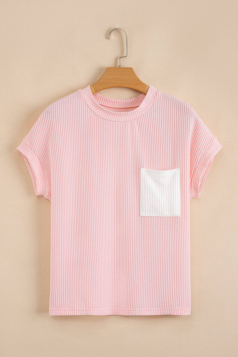 Pink Corded Knit Color Block Pocketed Crew Neck T Shirt