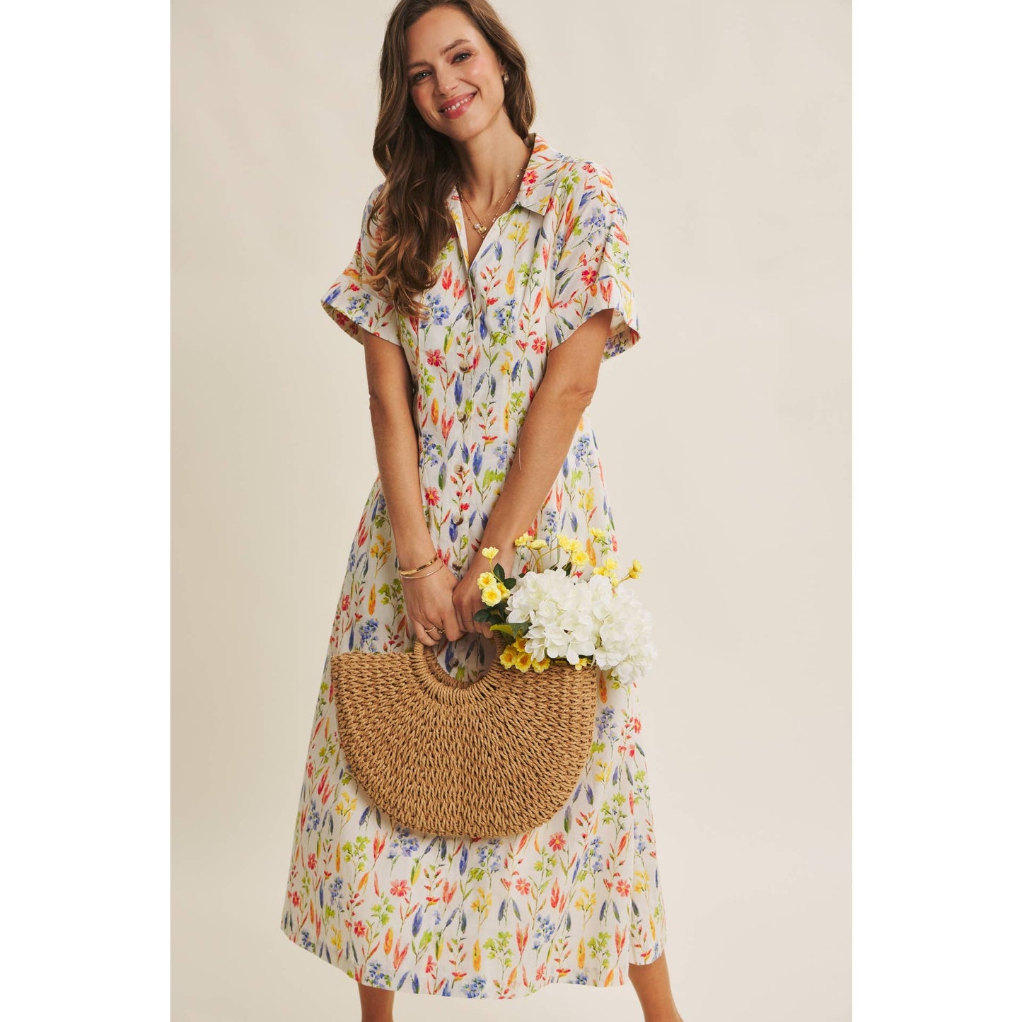 Romantic Floral Pleated Waist Button-Down Midi Dress