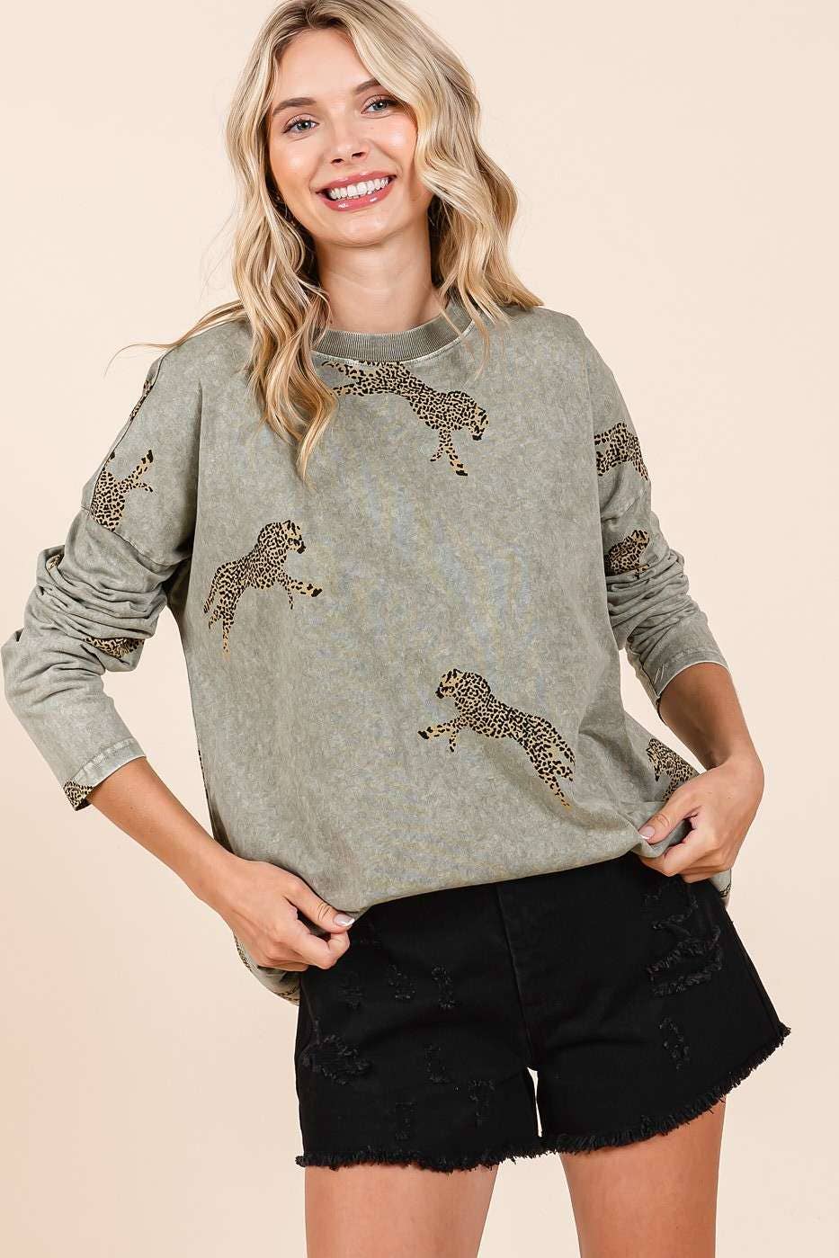 Mineral Wash Long Sleeve Cheetah Print Shirt