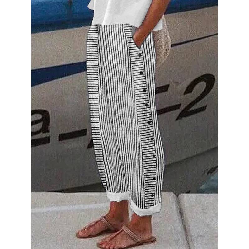 Striped Button-Detail Wide Leg Trousers