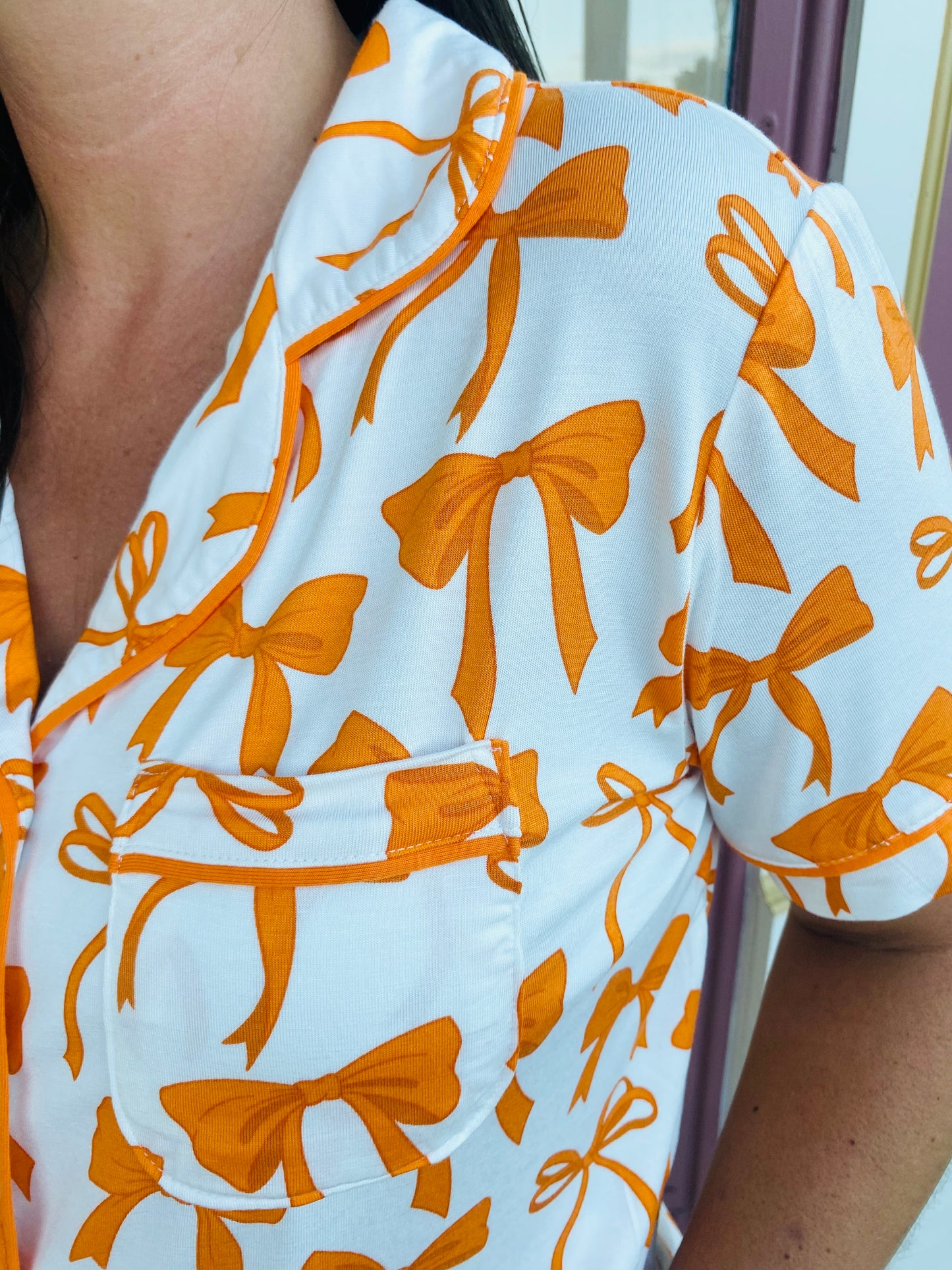 Mary Square Orange and White Bow Pajama Set