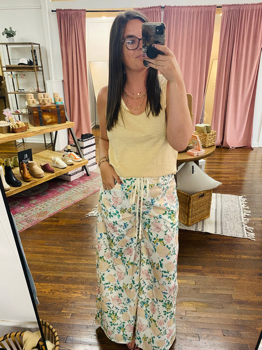 Cream Flower Printed Pants