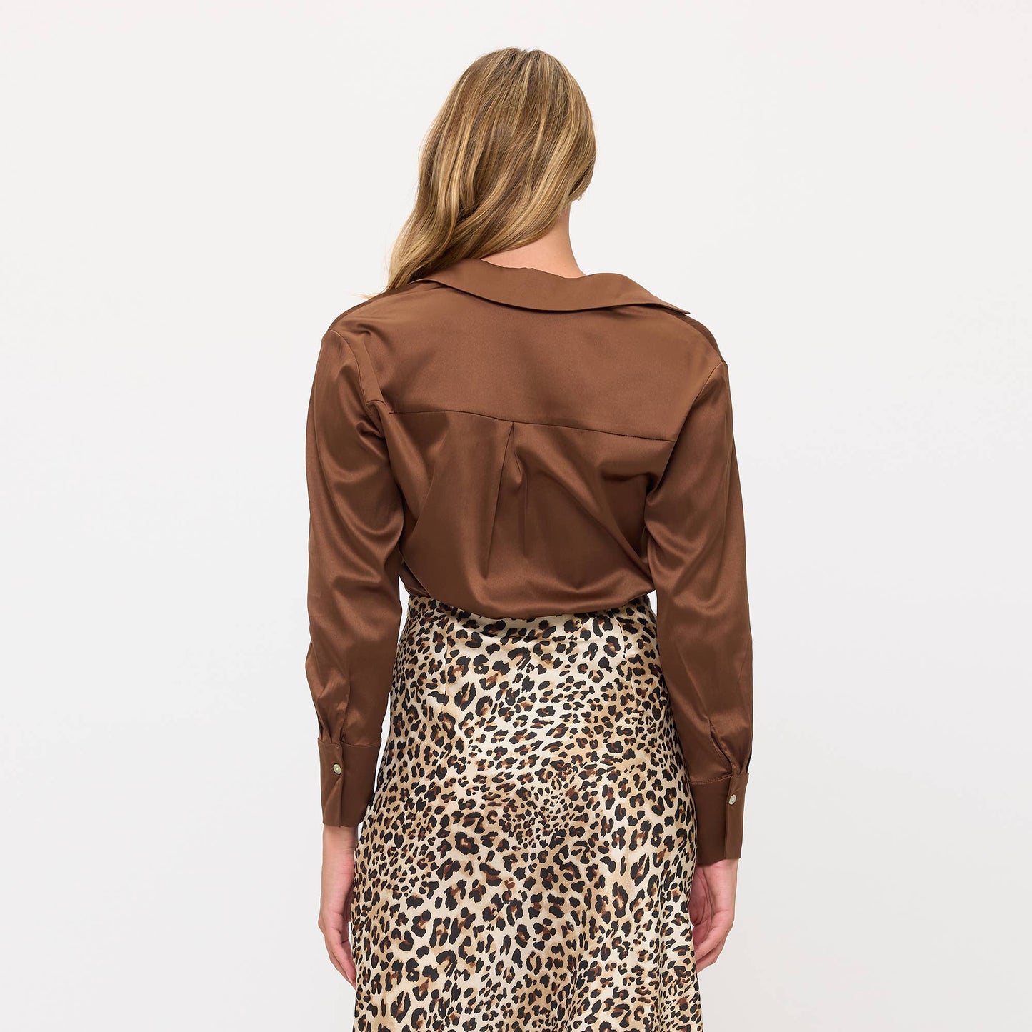 Long Sleeve Classic Satin Button-Up Blouse- Brown