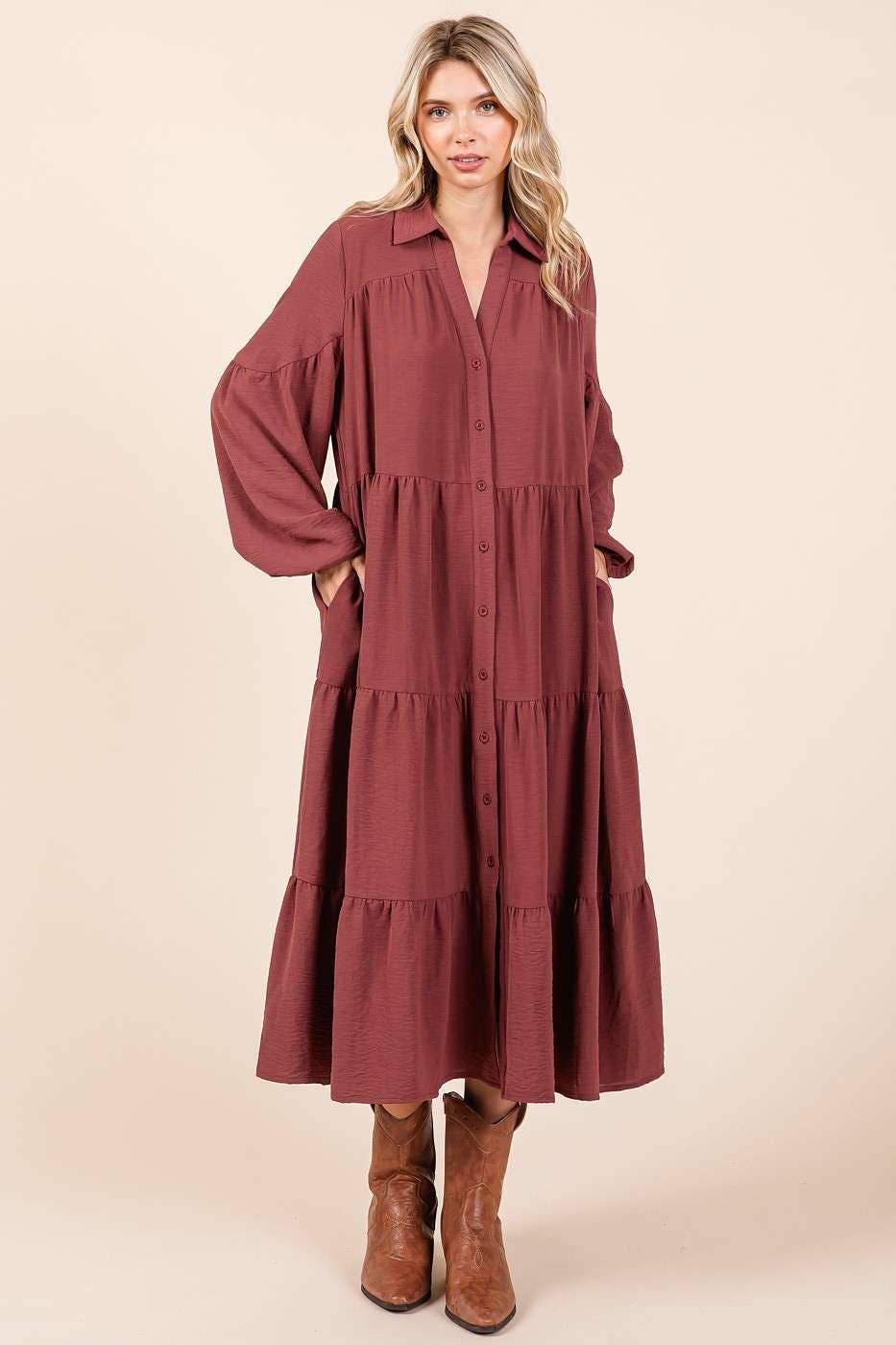 Airflow Button Down Long Sleeve Tiered Dress- Sienna