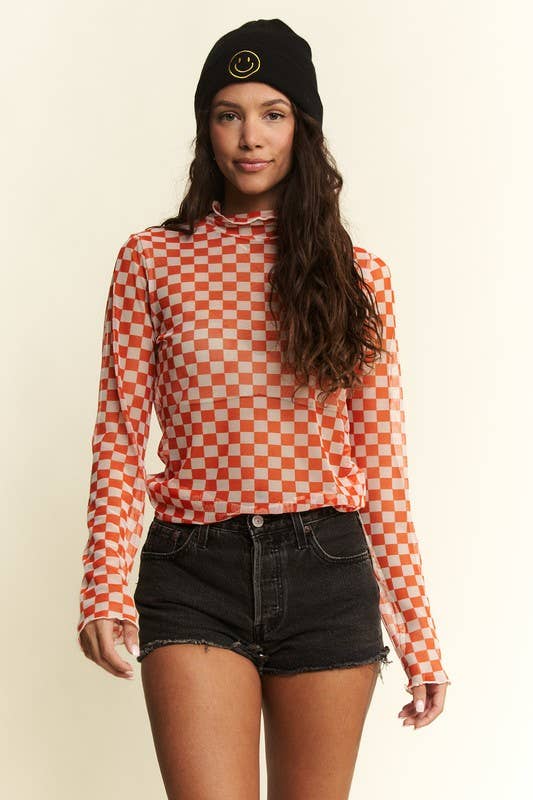 Checkerboard Mesh Top- Orange and White