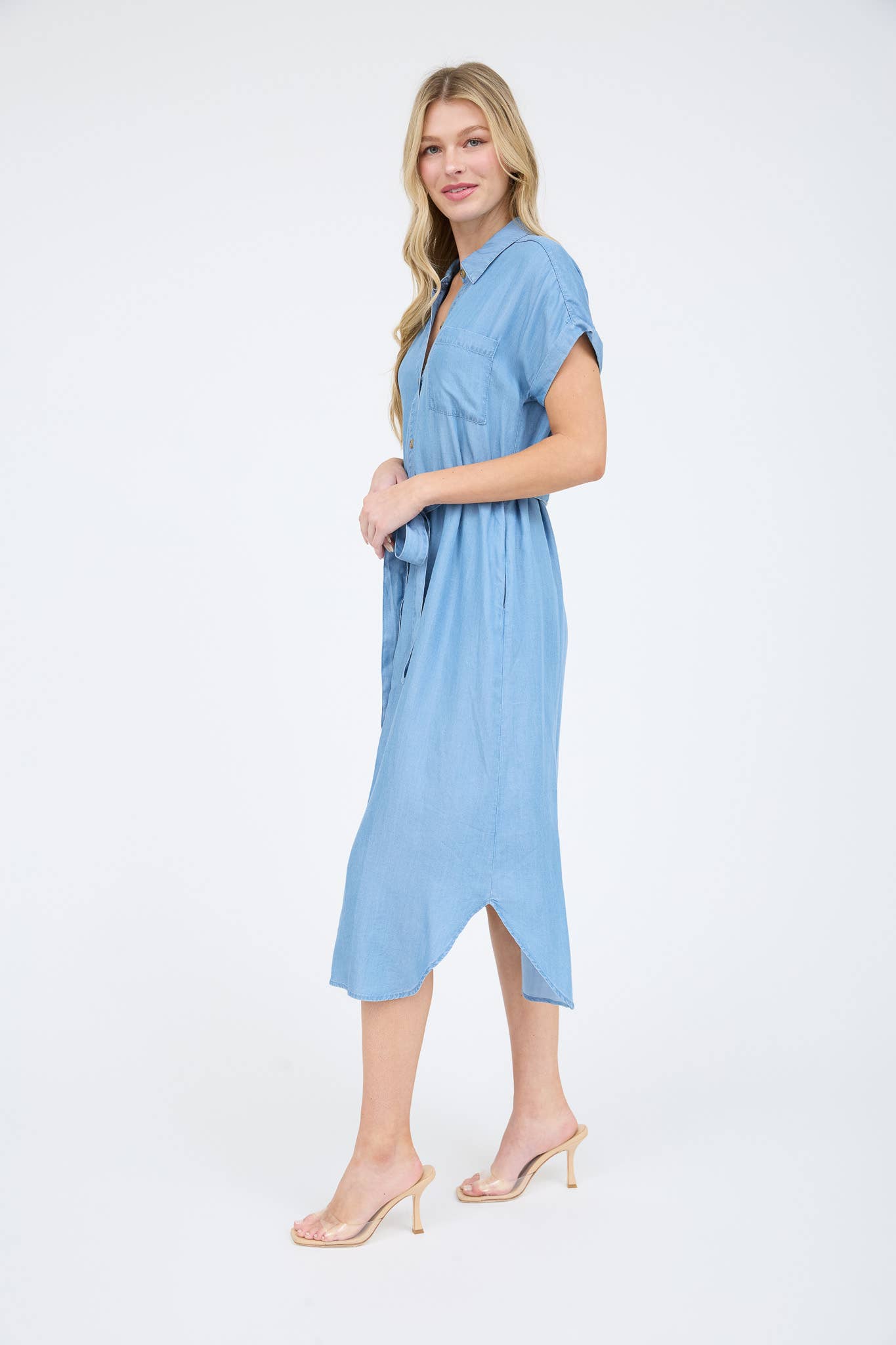 Chambray Belted Button Down Dress