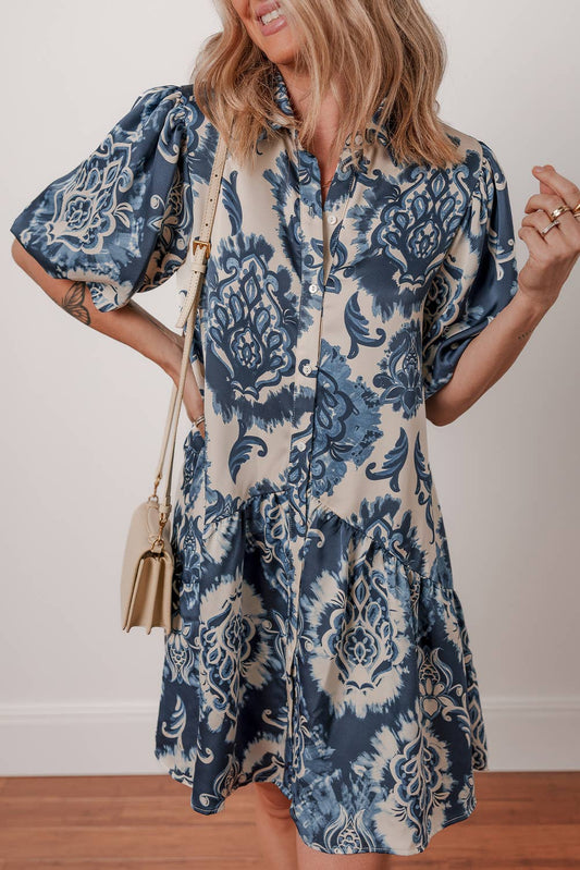 Boho Floral Print Buttoned Collared Loose Fit Mini Dress