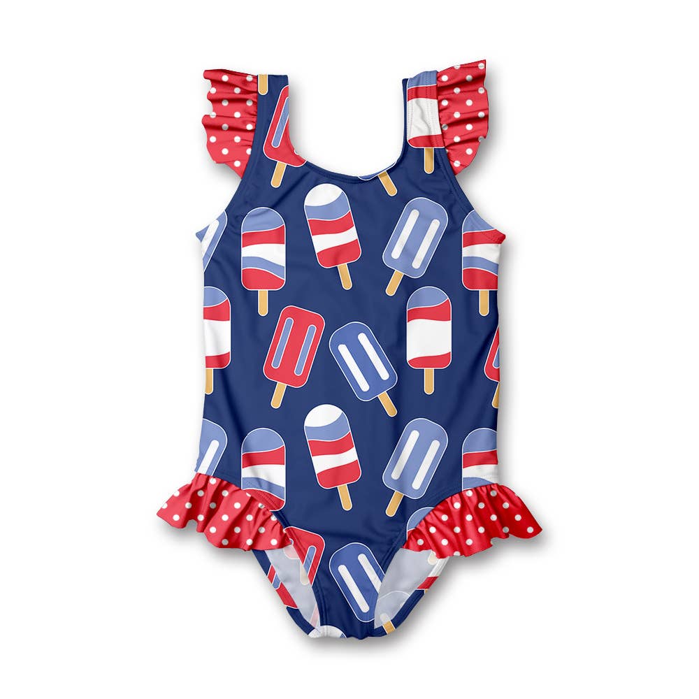 Girls Swim Navy Popsicles Ruffle-Accent One-Piece