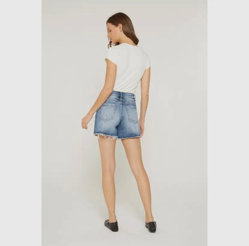 High Raw Hem Mid Length Denim Shorts