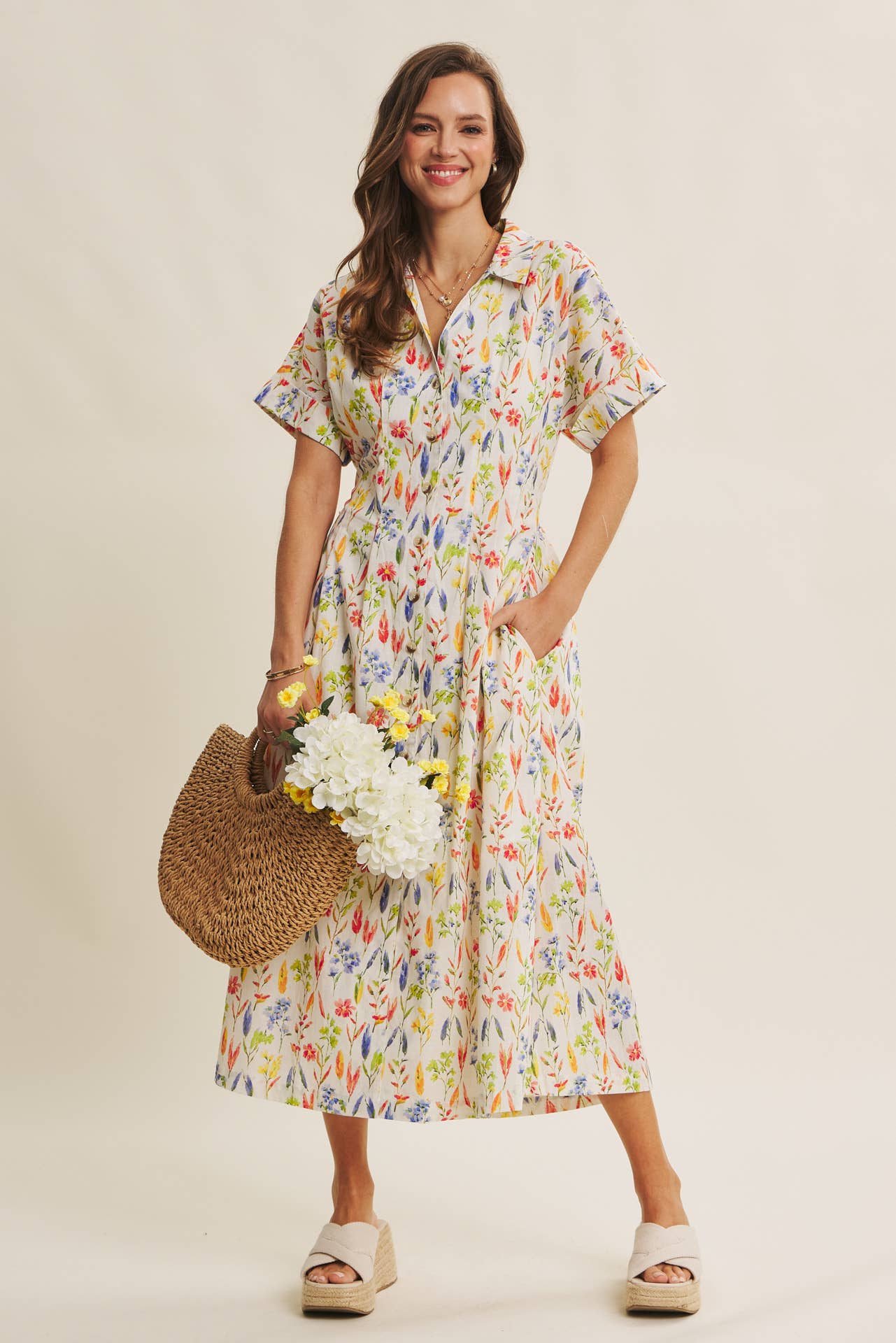 Romantic Floral Pleated Waist Button-Down Midi Dress