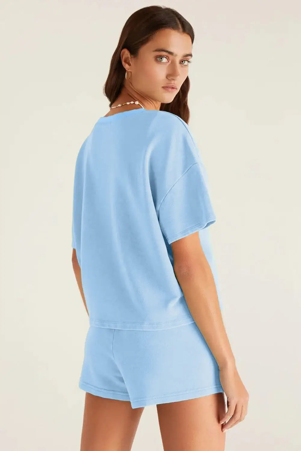 Mint Green V Neck Drop Shoulder Tee and Patchwork Drawstring Shorts Set: Mint Green
