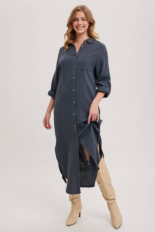 Textured Button-Up Maxi Dress | Collared Woven Dress with Pockets