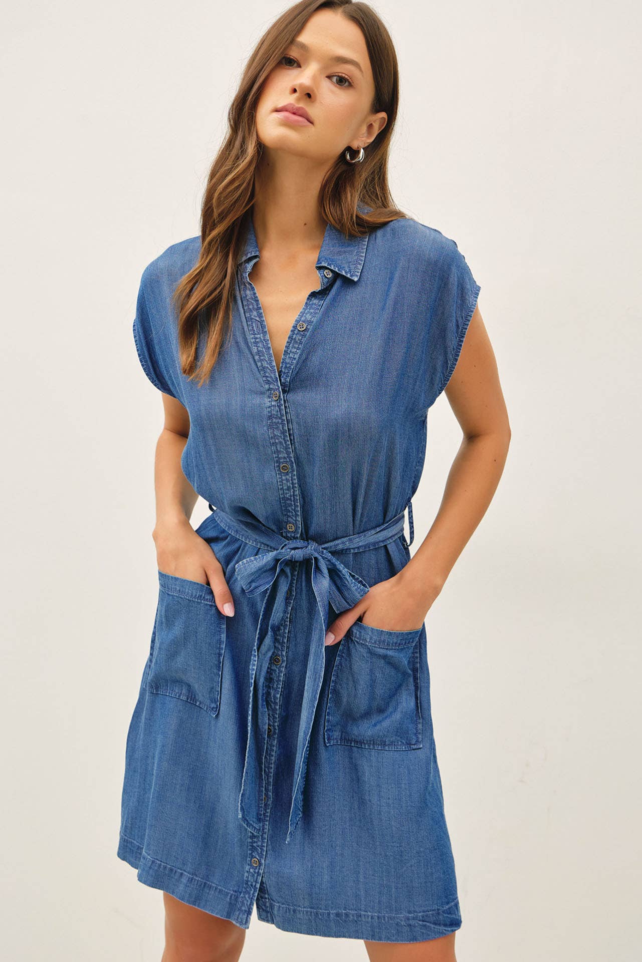 Denim Button Front Tie Waist Shirt Dress