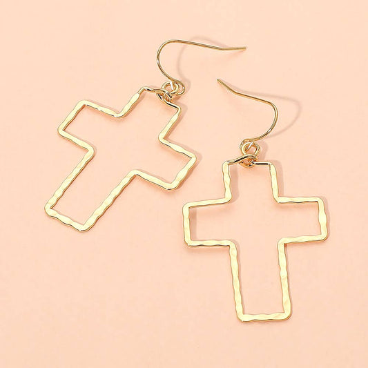 18K Gold Dipped Brass Metal Hammerd Open Cross Dangle Earrings