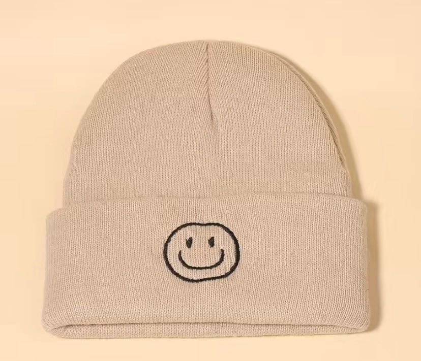 Tan Knit Smiley Face Beenie