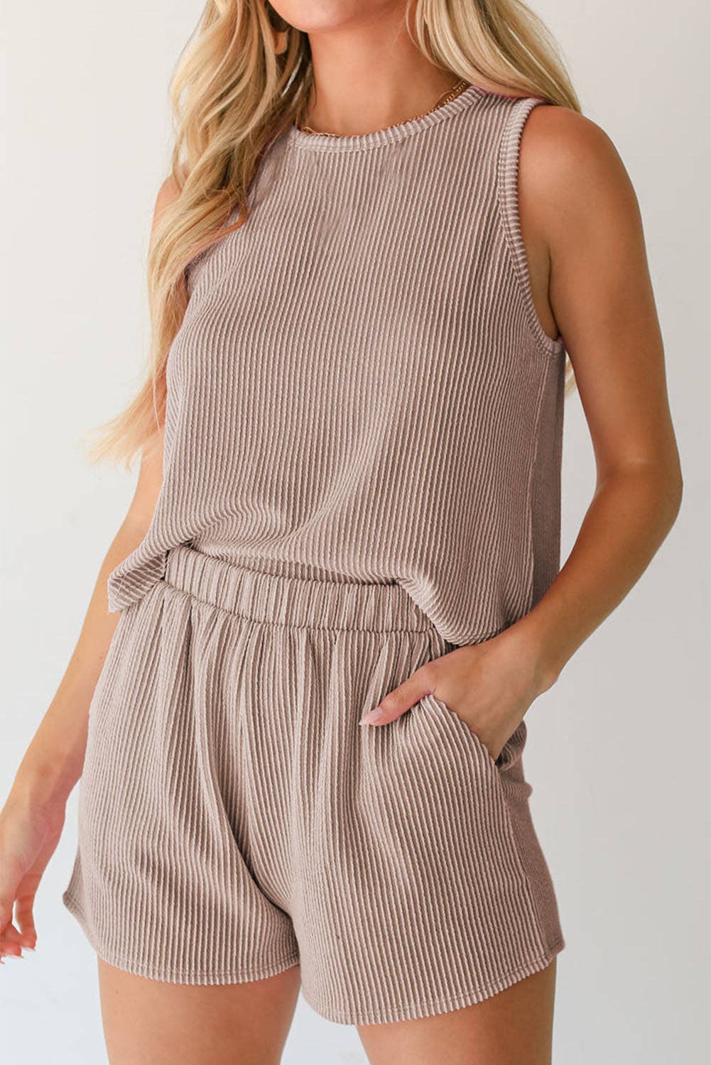 Corded Sleeveless Top and Pocketed Shorts Set- Beige