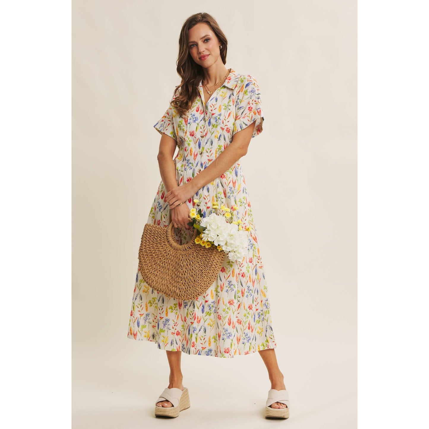 Romantic Floral Pleated Waist Button-Down Midi Dress