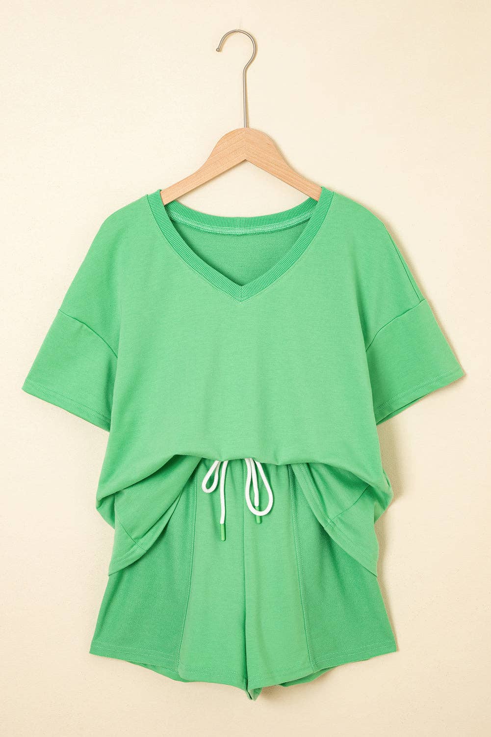 Mint Green V Neck Drop Shoulder Tee and Patchwork Drawstring Shorts Set: Mint Green
