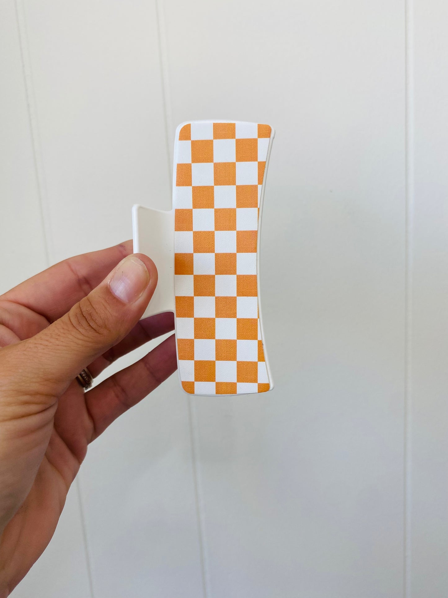 Checkerboard Orange and White Hair Clip