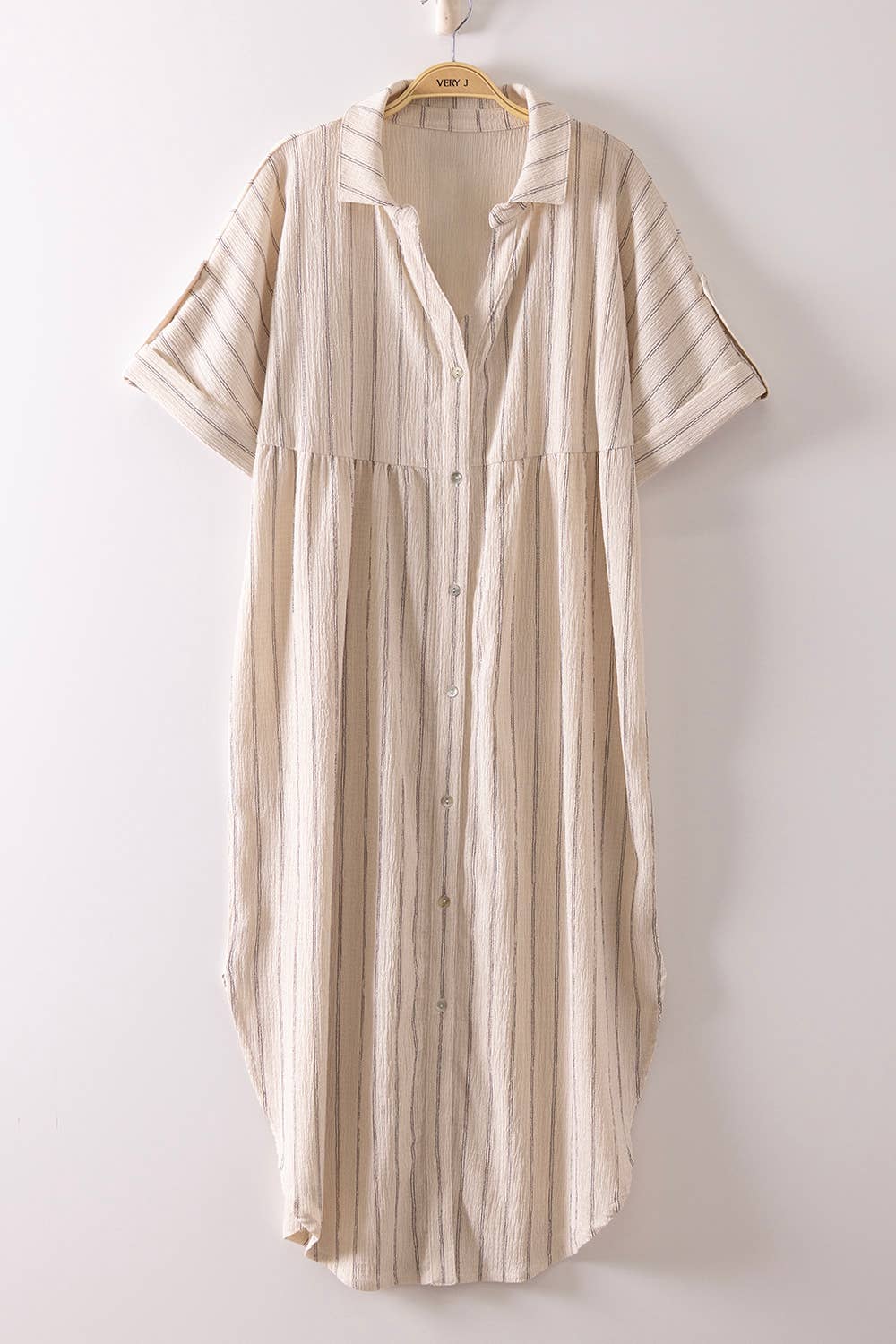 Neutral Striped Button Front Midi Shirt Dress