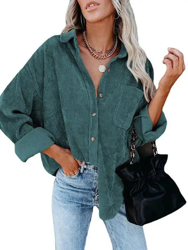 Women's Casual Loose Fit Corduroy Button-Down Shirt: Dark green
