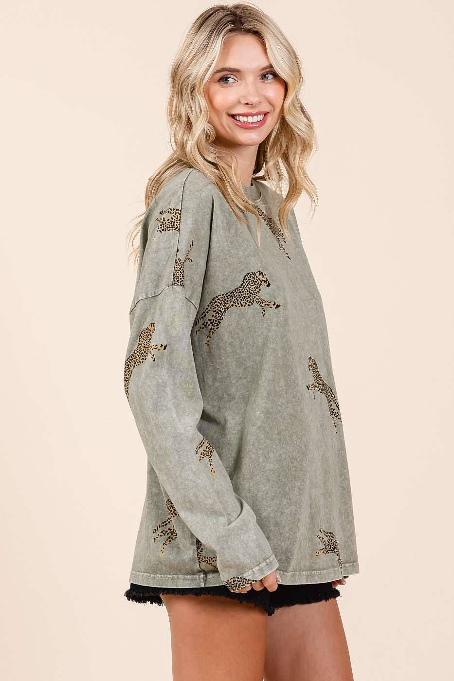 Mineral Wash Long Sleeve Cheetah Print Shirt