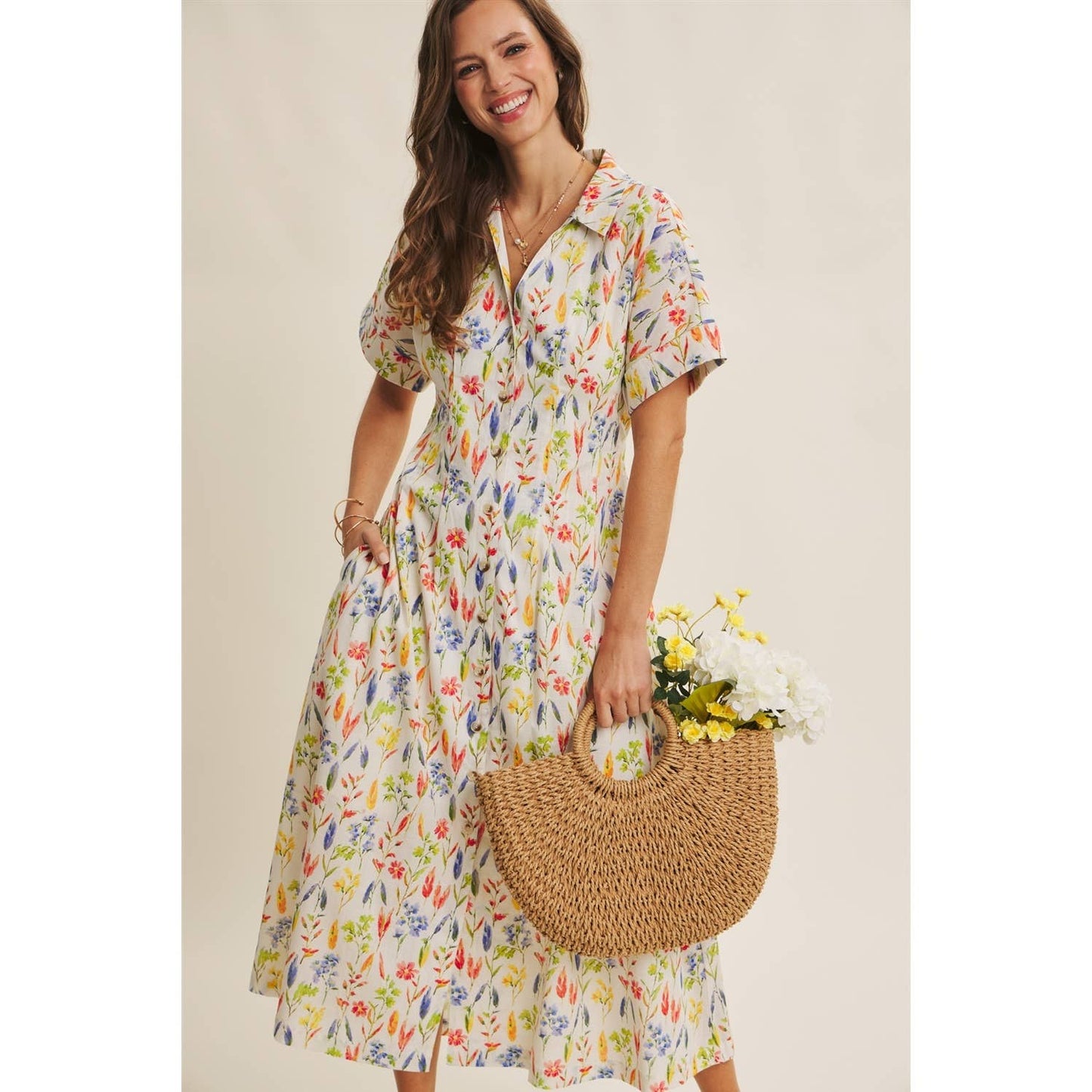 Romantic Floral Pleated Waist Button-Down Midi Dress