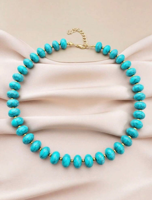 Turquoise Beaded Statement Necklace with Gold Accents
