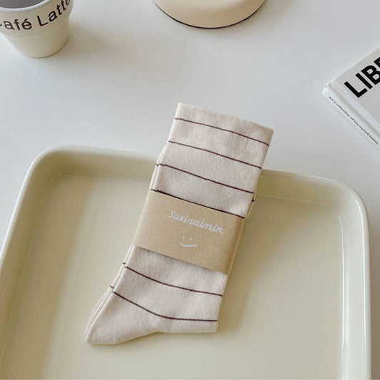 Simple Striped Soft Cotton Socks: Beige