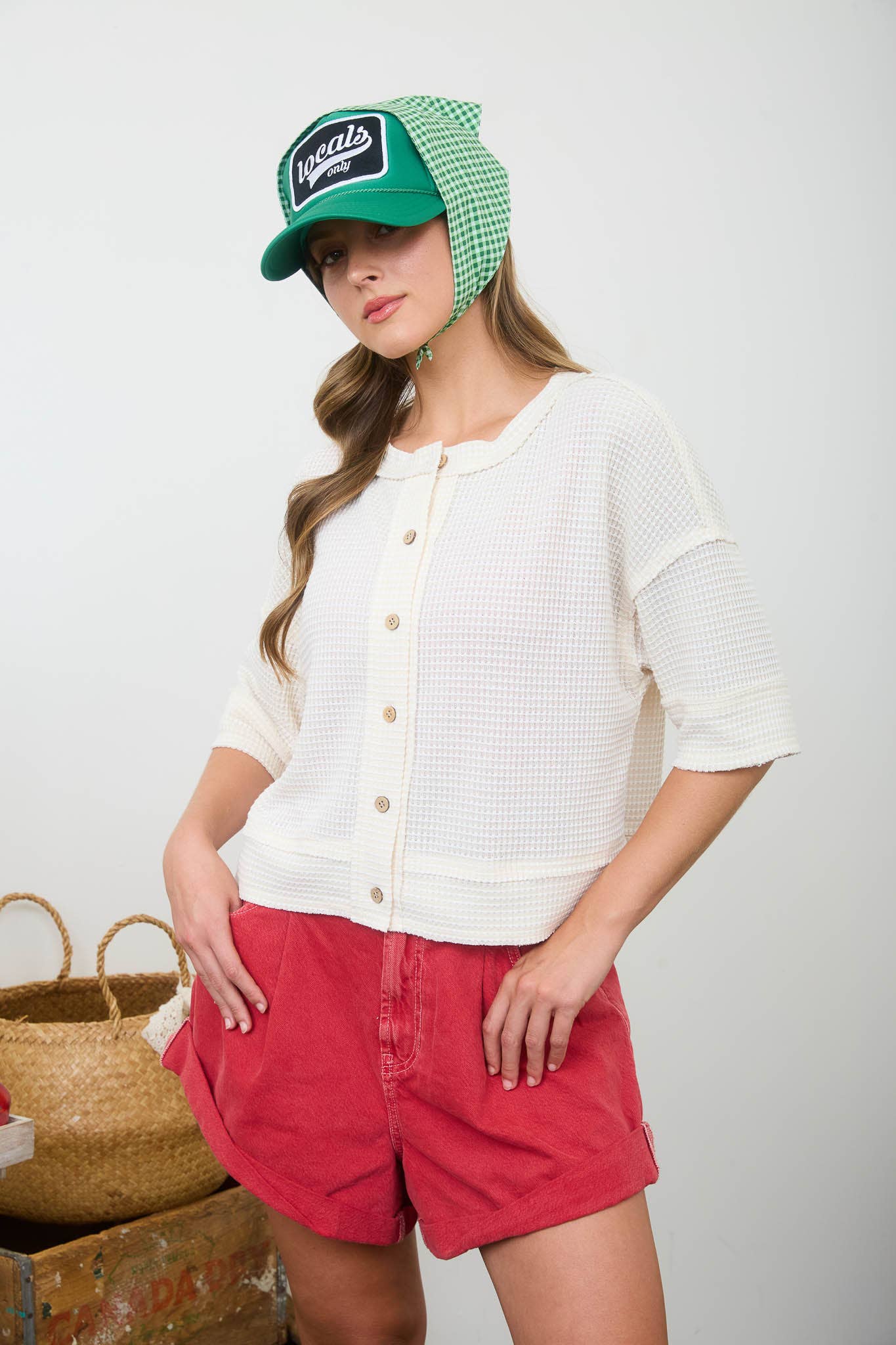 Waffle Knit Button Down Short Sleeve Cardigan: Cream